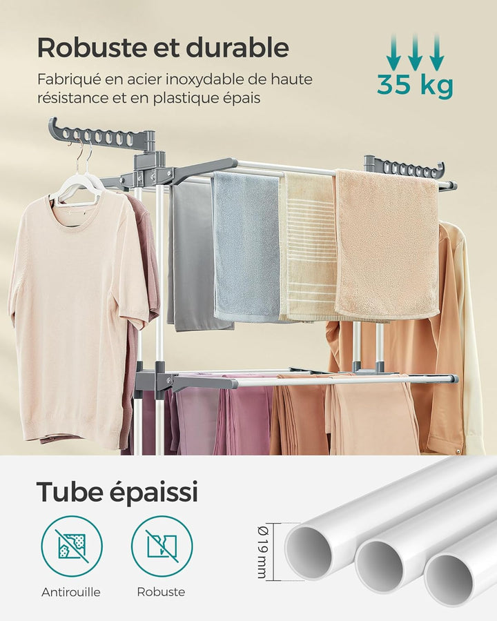 Flytbart tørrestativ med hjul, foldbart, 63,5 x 128 x 173 cm, stor kapacitet, nem at samle, hvid