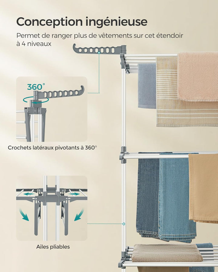 Flytbart tørrestativ med hjul, foldbart, 63,5 x 128 x 173 cm, stor kapacitet, nem at samle, hvid