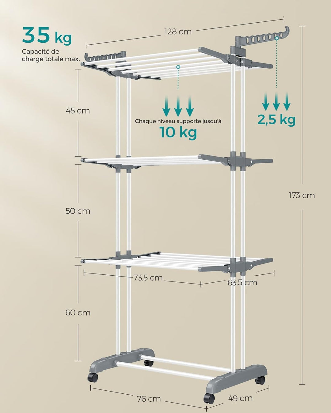 Flytbart tørrestativ med hjul, foldbart, 63,5 x 128 x 173 cm, stor kapacitet, nem at samle, hvid