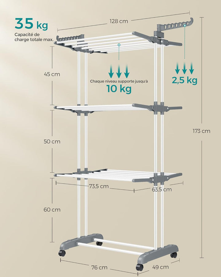 Flytbart tørrestativ med hjul, foldbart, 63,5 x 128 x 173 cm, stor kapacitet, nem at samle, hvid