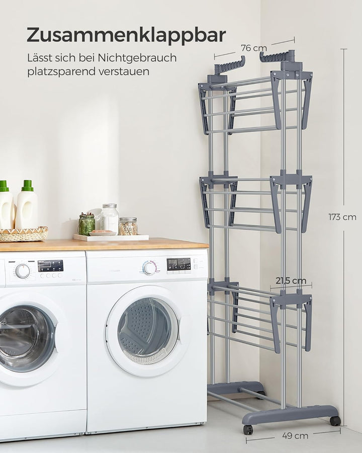 Foldbart tørrestativ med vinger og hjul, 63,5 x 128 x 173 cm, stort og nemt at samlem grå