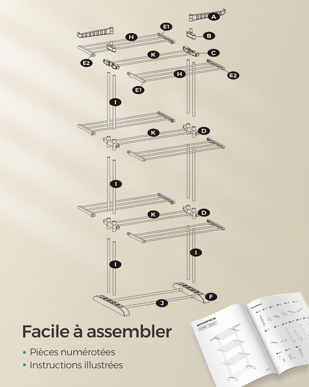 Flytbart tørrestativ med hjul, foldbart, 63,5 x 128 x 173 cm, stor kapacitet, nem at samle, hvid