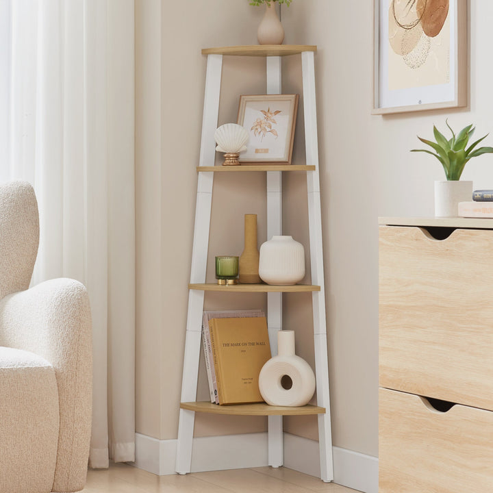 Hjørnereol med 4 trin i industrielt design, natur eg og mat hvid finish, mål: ca. 33,4 x 33,4 x 125 cm (D x B x H)