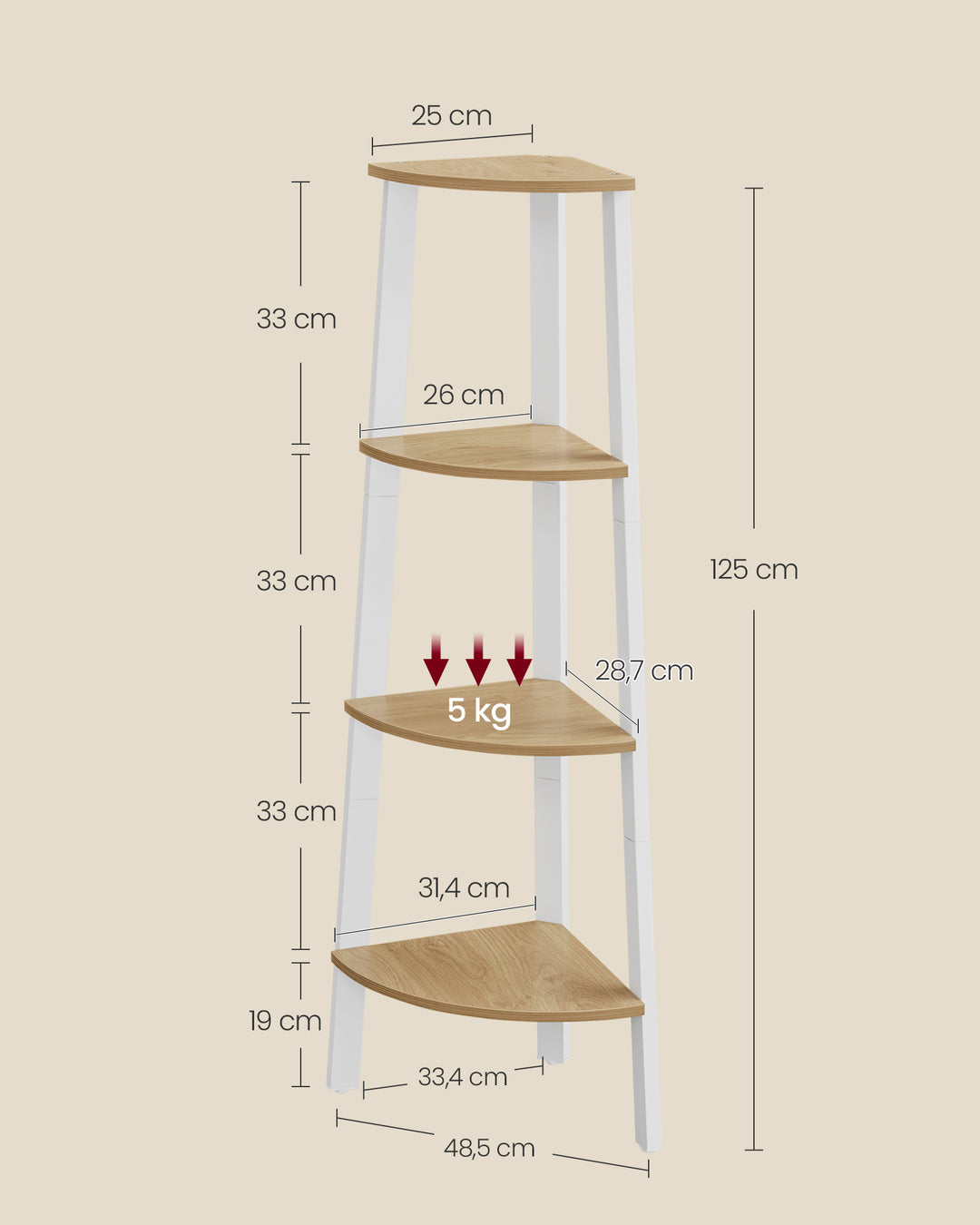Hjørnereol med 4 trin i industrielt design, natur eg og mat hvid finish, mål: ca. 33,4 x 33,4 x 125 cm (D x B x H)