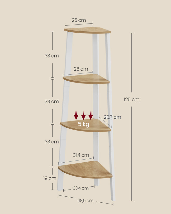Hjørnereol med 4 trin i industrielt design, natur eg og mat hvid finish, mål: ca. 33,4 x 33,4 x 125 cm (D x B x H)