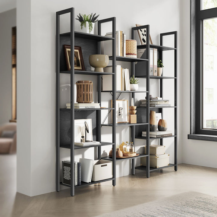 Bogreol med 14 hylder og metalramme i industrielt design, 24 x 158 x 166 cm, sort