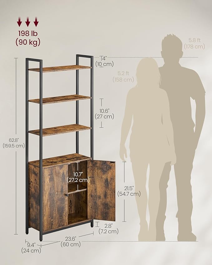 6-trins bogreol med dør, rustik brun og blæk sort, metalramme, justerbare hylder, mål 24 x 60 x 159,5 cm