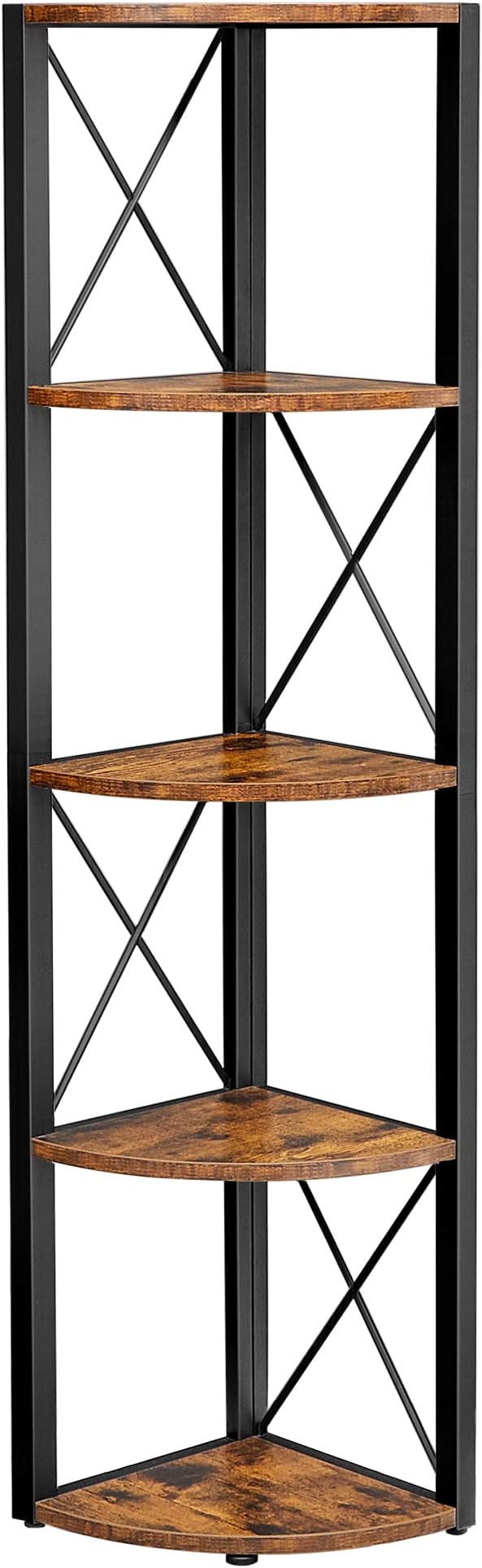 5-trins hjørnehylde i rustik brun og sort, multifunktionel opbevaringsreol til stue, mål 30 x 30 x 160 cm