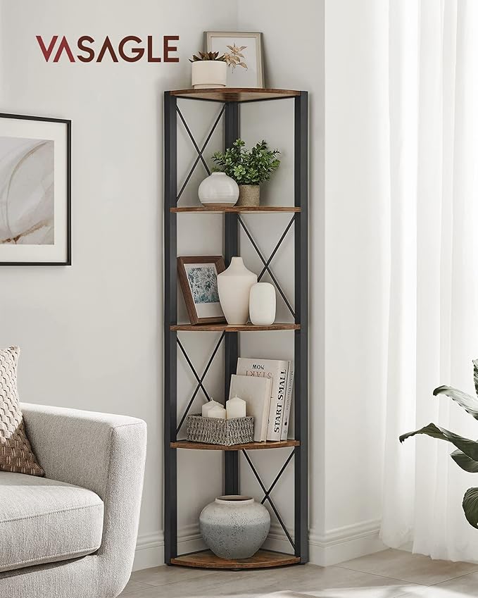 5-trins hjørnehylde i rustik brun og sort, multifunktionel opbevaringsreol til stue, mål 30 x 30 x 160 cm