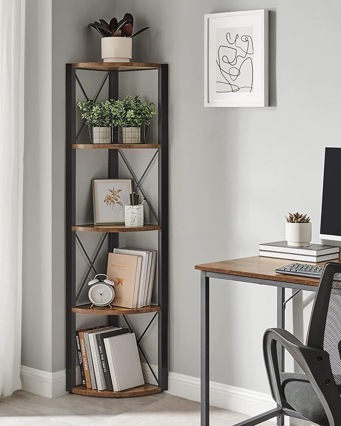 5-trins hjørnehylde i rustik brun og sort, multifunktionel opbevaringsreol til stue, mål 30 x 30 x 160 cm