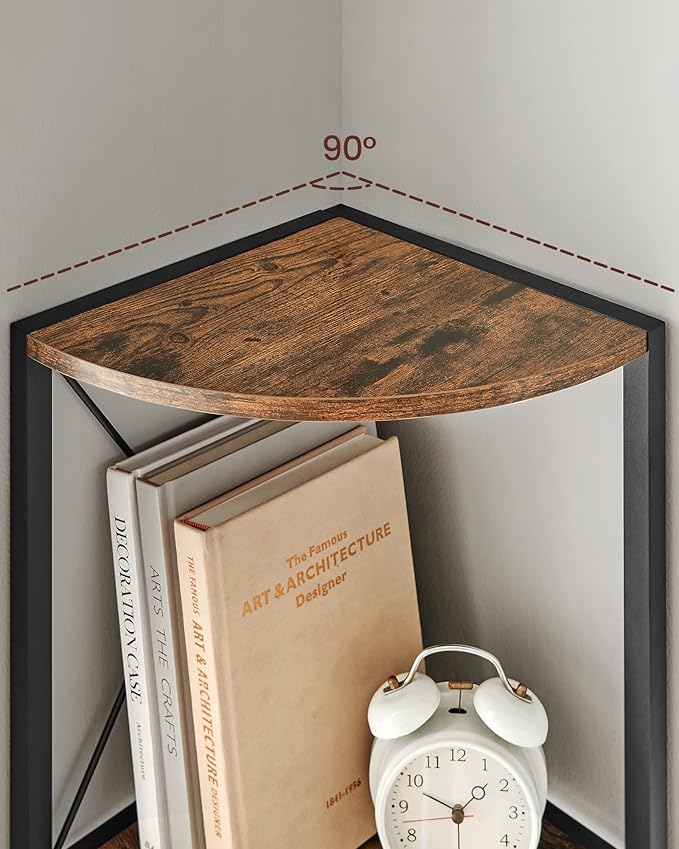 5-trins hjørnehylde i rustik brun og sort, multifunktionel opbevaringsreol til stue, mål 30 x 30 x 160 cm