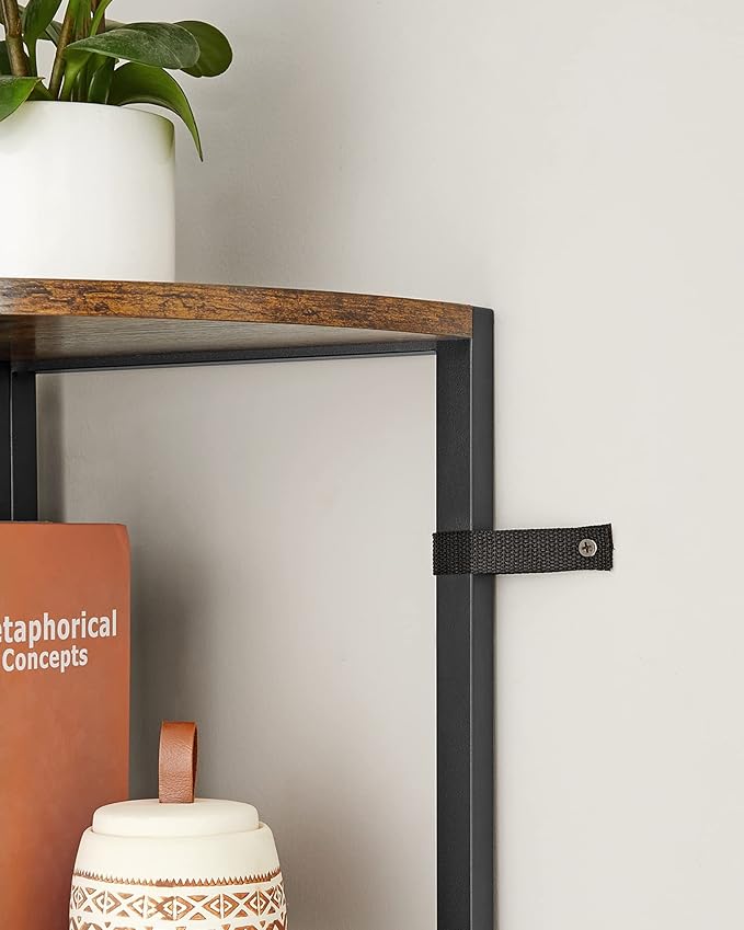 5-trins hjørnehylde i rustik brun og sort, multifunktionel opbevaringsreol til stue, mål 30 x 30 x 160 cm