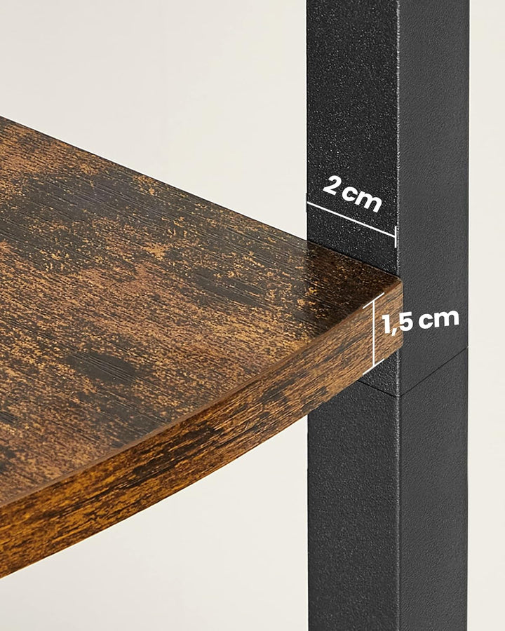 5-trins hjørnehylde i rustik brun og sort, multifunktionel opbevaringsreol til stue, mål 30 x 30 x 160 cm