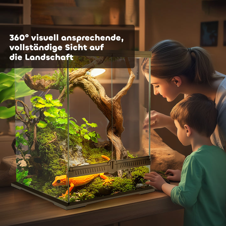 Terrarium, glasindkapsling, aflåselig, kabelhåndtering, 45x45x60cm, sort