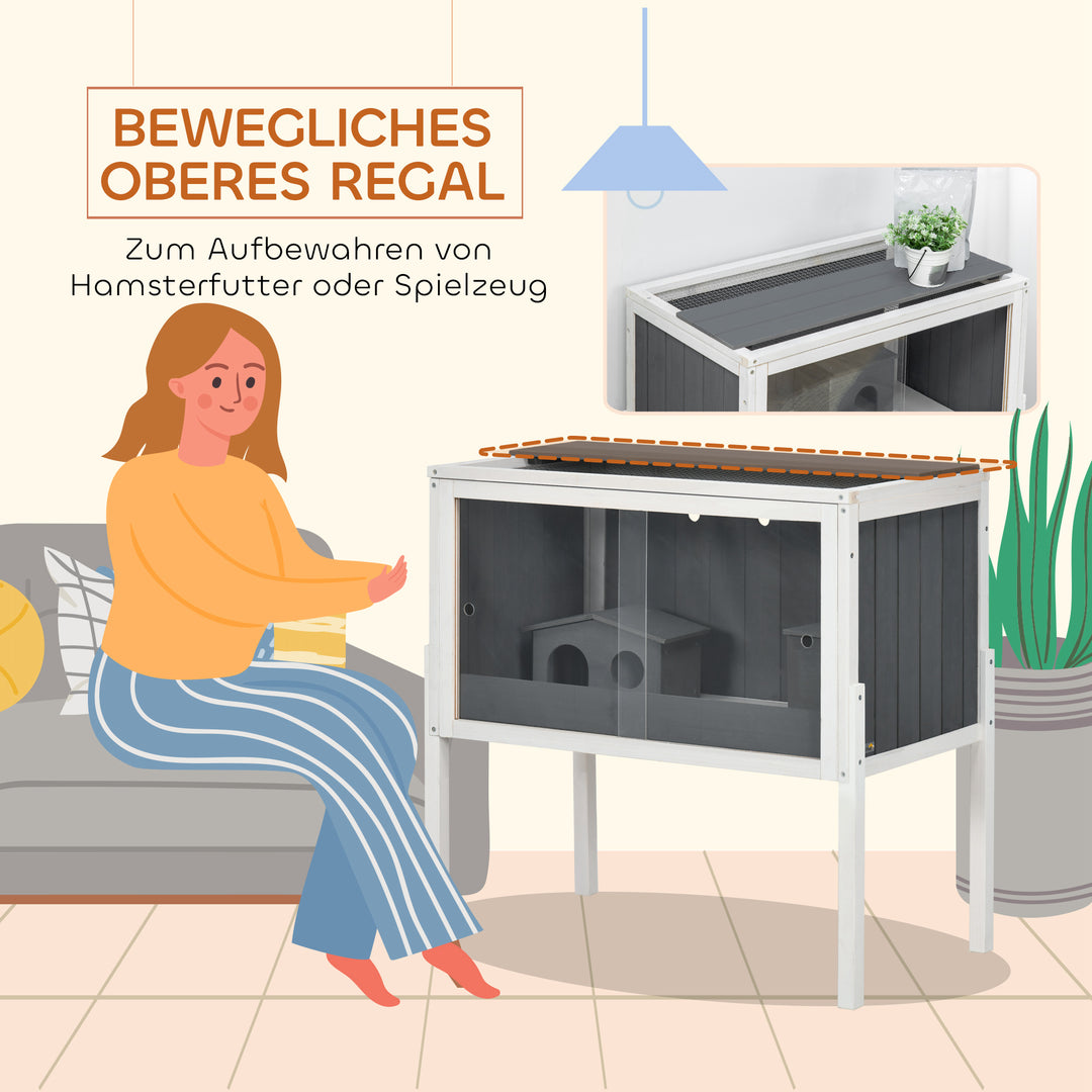 Hamsterbur, 3000 cm² dværghamsterbur lavet af træ og metal, med 2 hytter, skydedøre i akryl, stabil, sikker, grå+hvid