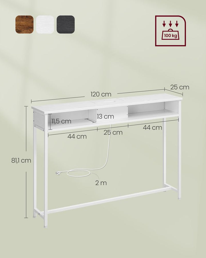 Pladsbesparende konsolbord med strømskinne og kabelhul, D25 x B120 x H81 cm, hvid