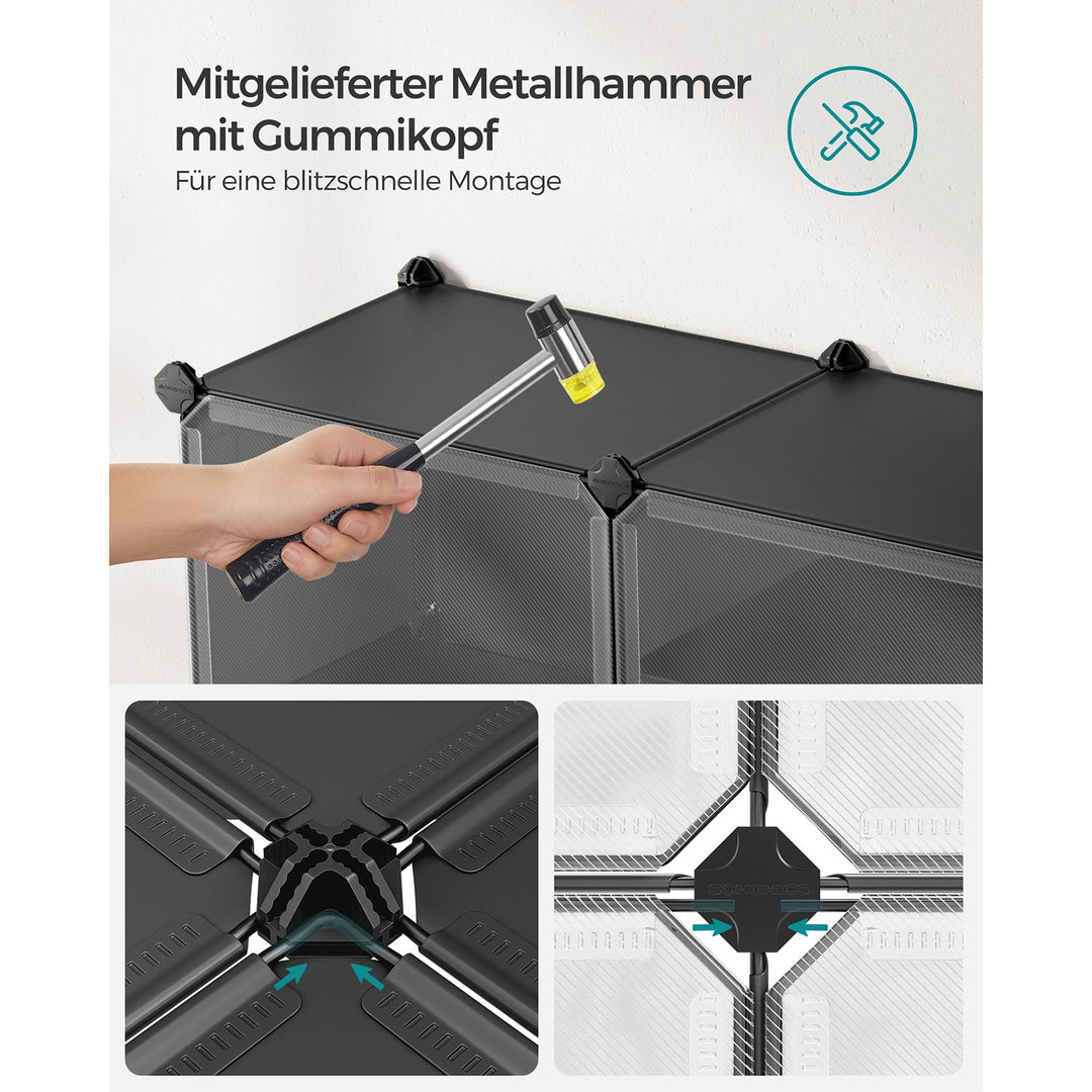 Skoskab i plastik med stålramme og døre, 6 rum, modulært system, sort, 30 x 40 x 30 cm pr. rum
