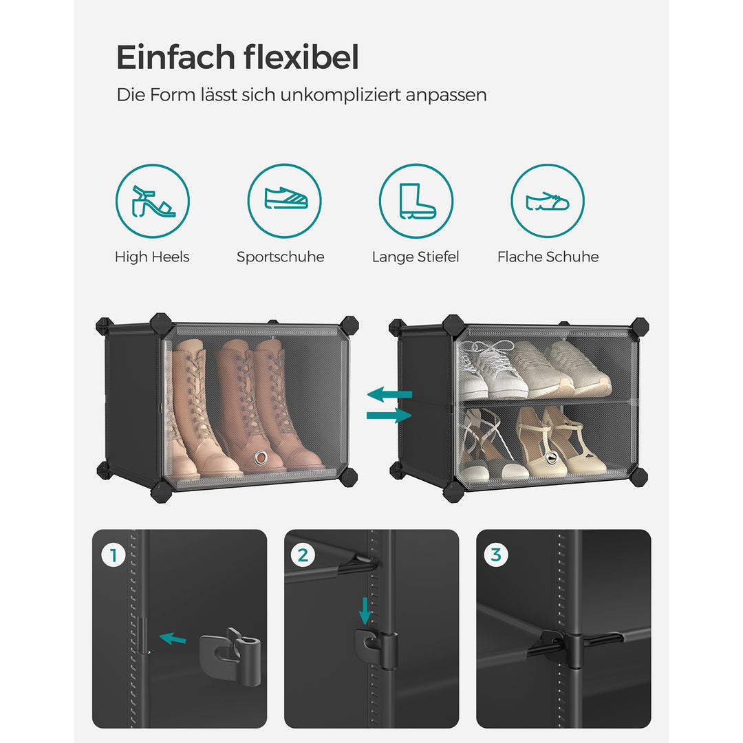 Skoskab i plastik med stålramme og døre, 6 rum, modulært system, sort, 30 x 40 x 30 cm pr. rum