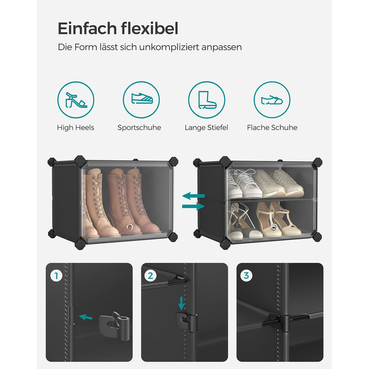 Skoskab i plastik med stålramme og døre, 6 rum, modulært system, sort, 30 x 40 x 30 cm pr. rum