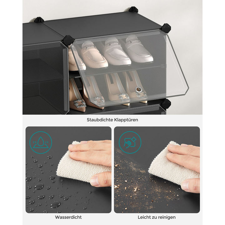 Skoskab i plastik med stålramme og døre, 6 rum, modulært system, sort, 30 x 40 x 30 cm pr. rum