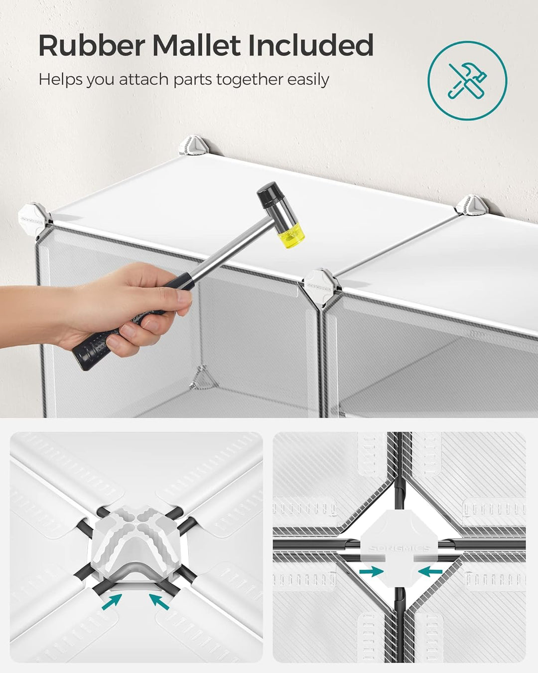 Skoskab med 10 rum, plastik og stålramme, hvert rum måler 30 x 40 x 30 cm, hvid