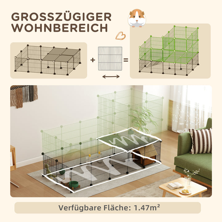Dværgkaninbur, 39-panelers lille kæledyrsbur med rampe, til små dyr, indendørs, sort