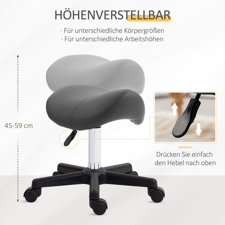 Rulletabur, sadelformet sæde, højdejusterbar, 360° drejelig, kunstlæder, grå, 48 x 47 x 45-59 cm