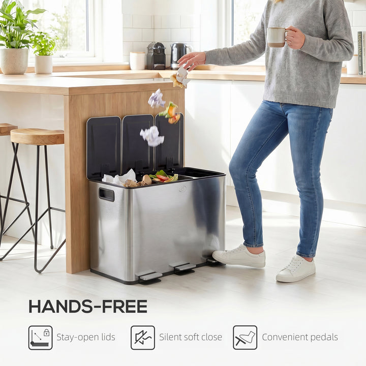 Skraldespand med 3 x 20 L rum, deodorantlåg, fingeraftrykssikker, softclose, aftagelig, sølv