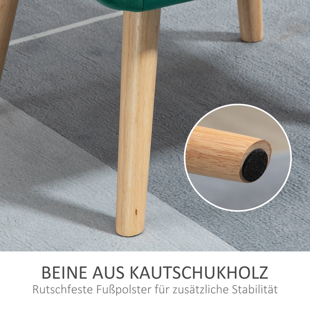 Polstret lænestol, accentstol, skandinavisk design, fløjlslook, op til 120 kg, ben af gummitræ, grøn