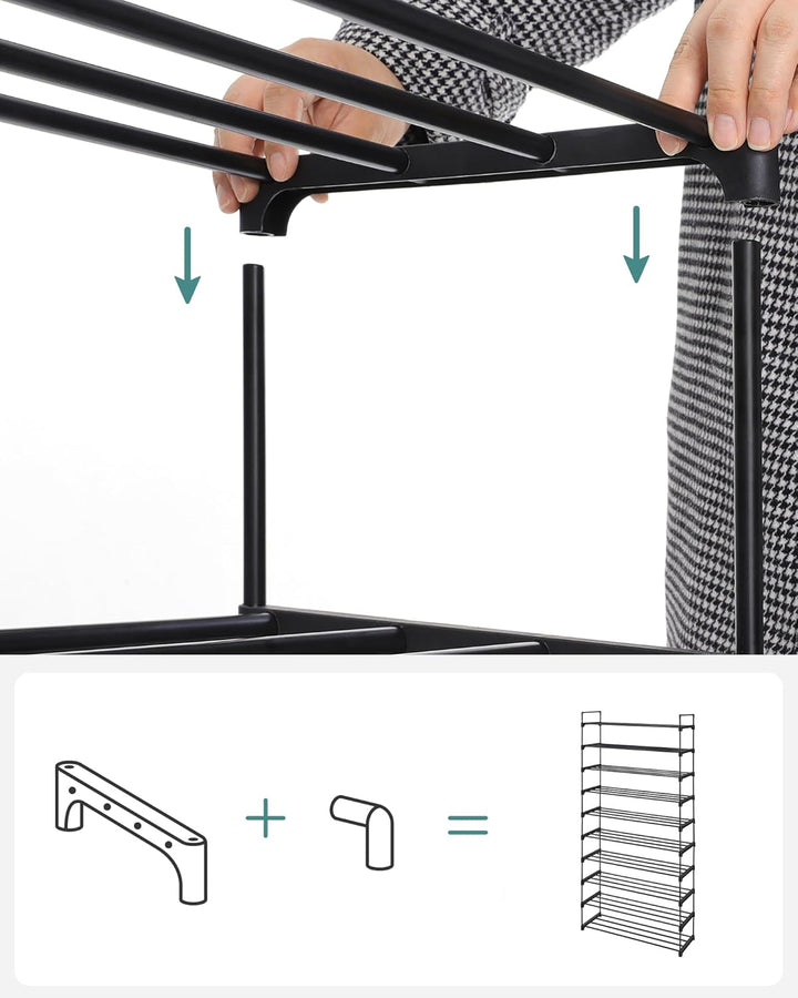 Skoreol, høj og smal, med metalramme til pladsbesparelse, ideel til omklædningsrum og entre, mål: 30 x 94 x 206 cm