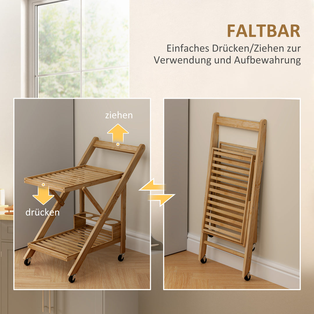 Køkkenvogn på hjul, serveringsvogn med 3 vinreoler, 2 bakker, til køkken, spisestue, bambustræ, lysebrun