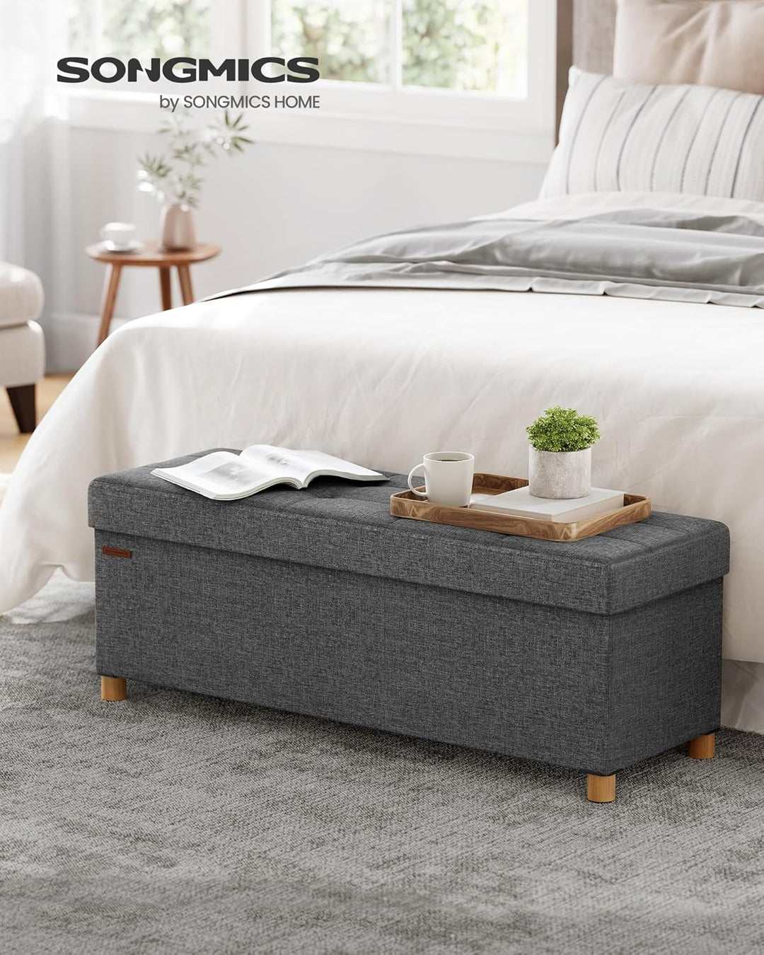 Foldbar opbevaringspuf i skifergrå, 38 x 110 x 40 cm, med opbevaringsrum og bæreevne op til 300 kg