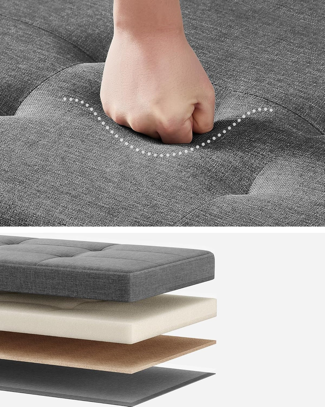 Foldbar opbevaringspuf i skifergrå, 38 x 110 x 40 cm, med opbevaringsrum og bæreevne op til 300 kg