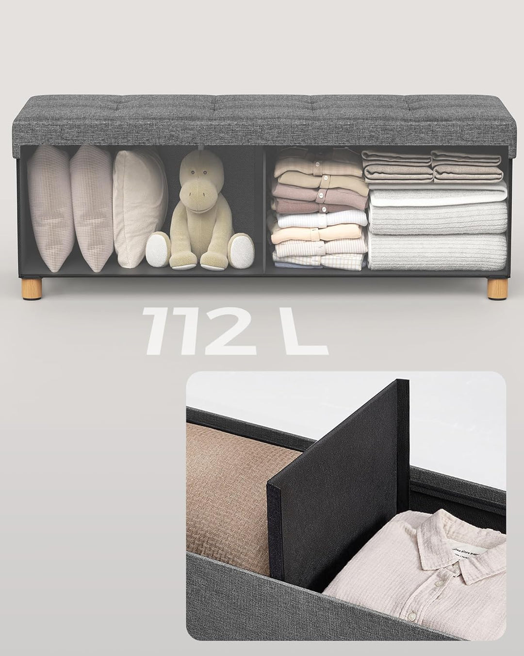 Foldbar opbevaringspuf i skifergrå, 38 x 110 x 40 cm, med opbevaringsrum og bæreevne op til 300 kg