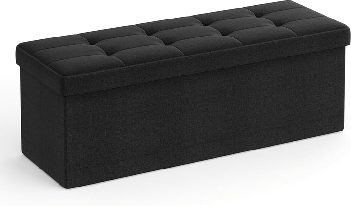 Foldbar opbevaringspuf i blæk sort med opbevaringsrum, mål 38 x 110 x 38 cm, bæreevne op til 300 kg