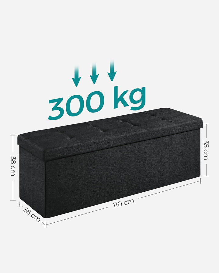 Foldbar opbevaringspuf i blæk sort med opbevaringsrum, mål 38 x 110 x 38 cm, bæreevne op til 300 kg