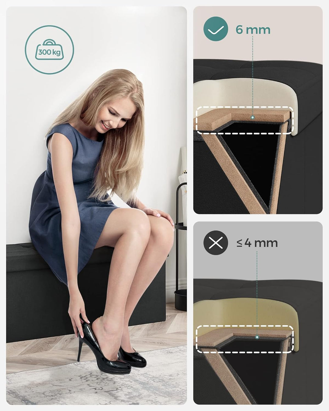 Foldbar opbevaringspuf i blæk sort med opbevaringsrum, mål 38 x 110 x 38 cm, bæreevne op til 300 kg