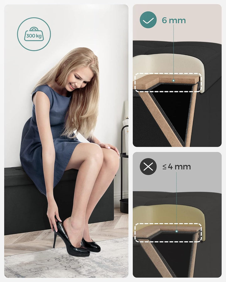 Foldbar opbevaringspuf i blæk sort med opbevaringsrum, mål 38 x 110 x 38 cm, bæreevne op til 300 kg