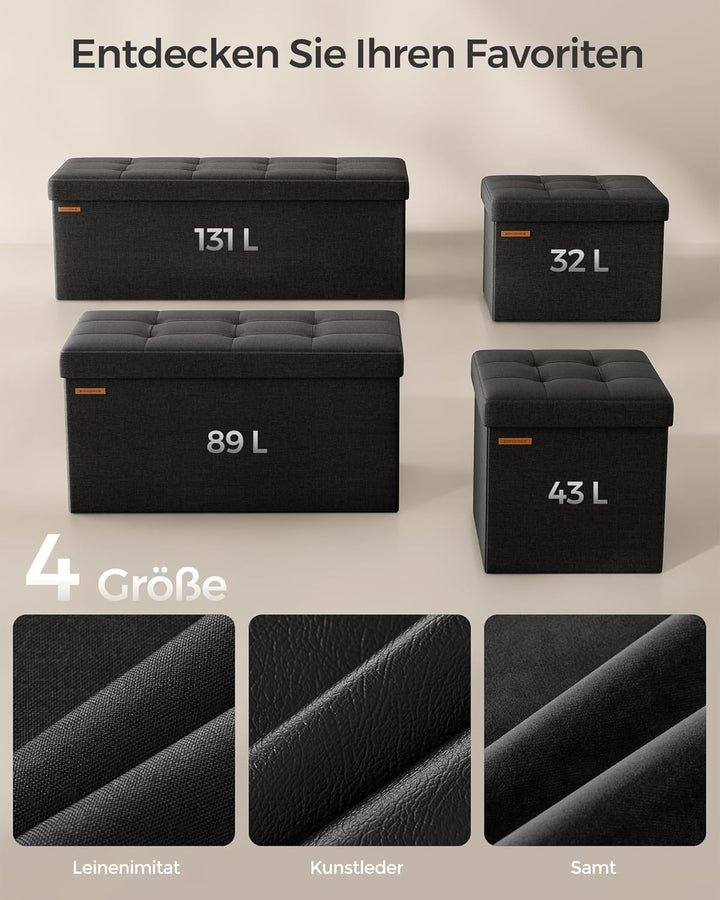 Foldbar opbevaringspuf i blæk sort med opbevaringsrum, mål 38 x 110 x 38 cm, bæreevne op til 300 kg