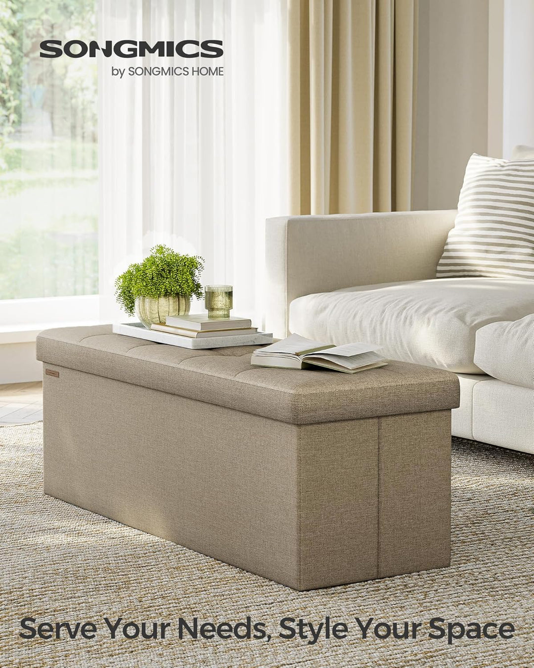 Foldbar opbevaringspuf, brun, 110 x 38 x 38 cm, stor kapacitet og bæreevne op til 300 kg