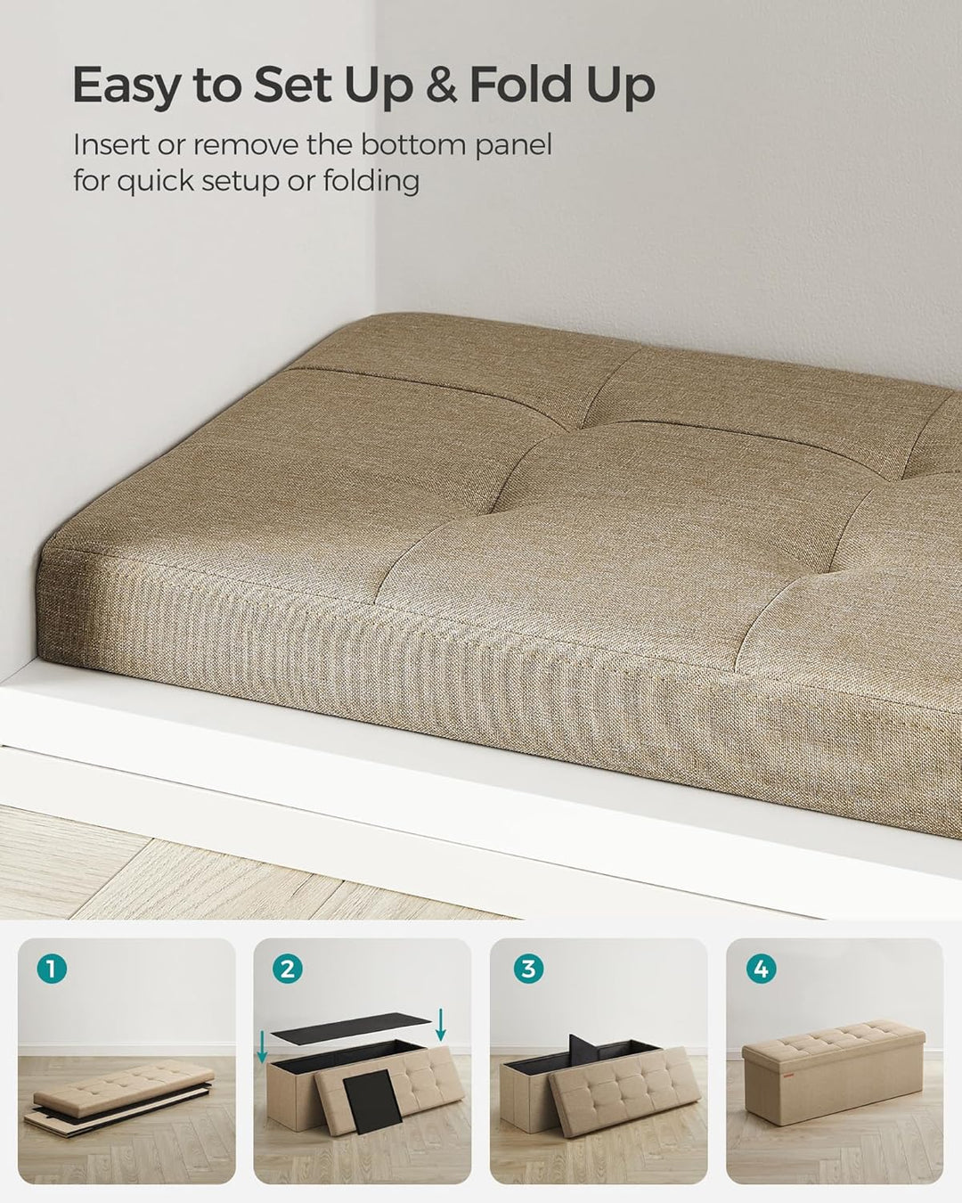 Foldbar opbevaringspuf, brun, 110 x 38 x 38 cm, stor kapacitet og bæreevne op til 300 kg