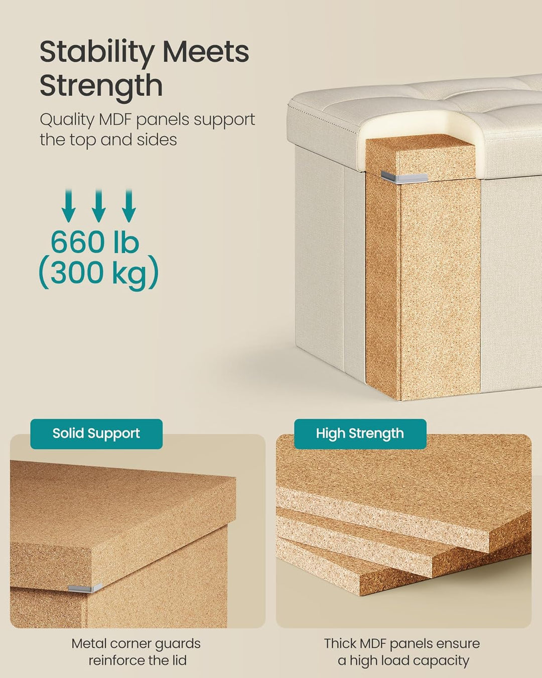 Foldbar opbevaringspuf, cremehvid, 110 x 38 x 38 cm, med stor kapacitet 131 L og bæreevne op til 300 kg
