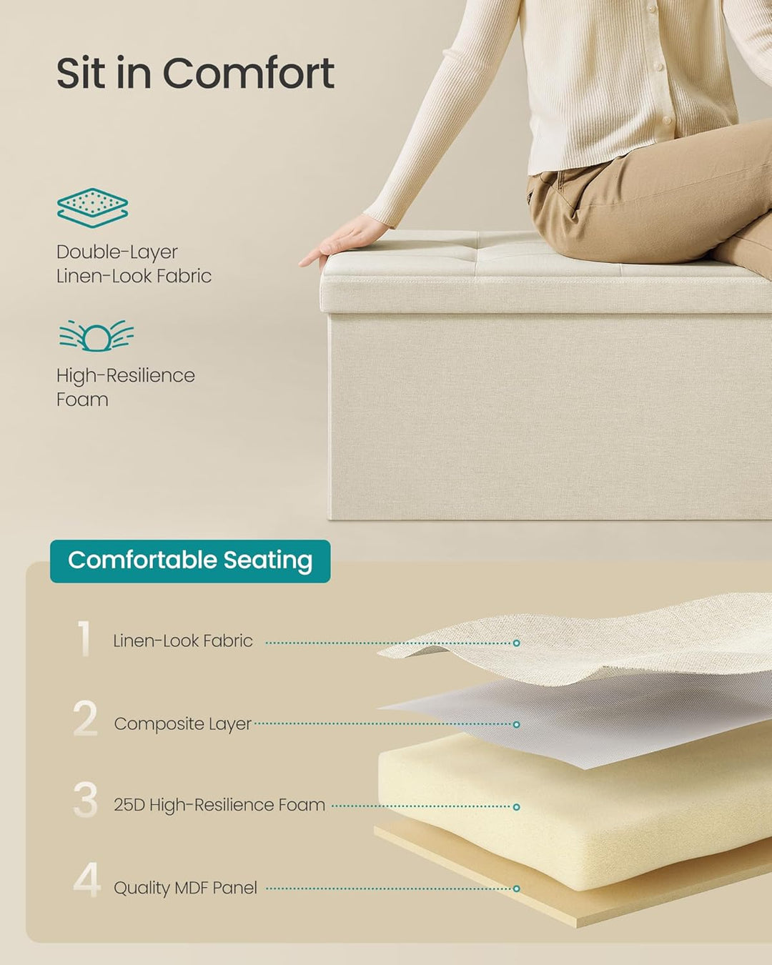 Foldbar opbevaringspuf, cremehvid, 110 x 38 x 38 cm, med stor kapacitet 131 L og bæreevne op til 300 kg