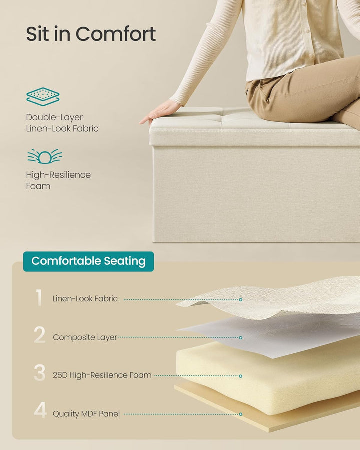 Foldbar opbevaringspuf, cremehvid, 110 x 38 x 38 cm, med stor kapacitet 131 L og bæreevne op til 300 kg