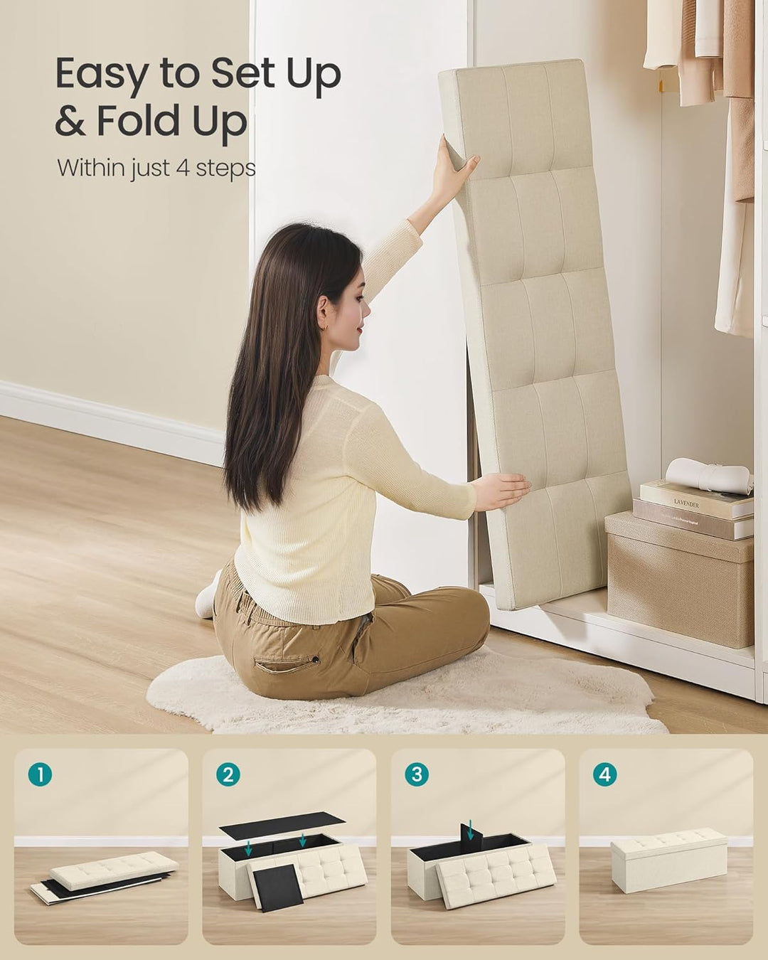 Foldbar opbevaringspuf, cremehvid, 110 x 38 x 38 cm, med stor kapacitet 131 L og bæreevne op til 300 kg