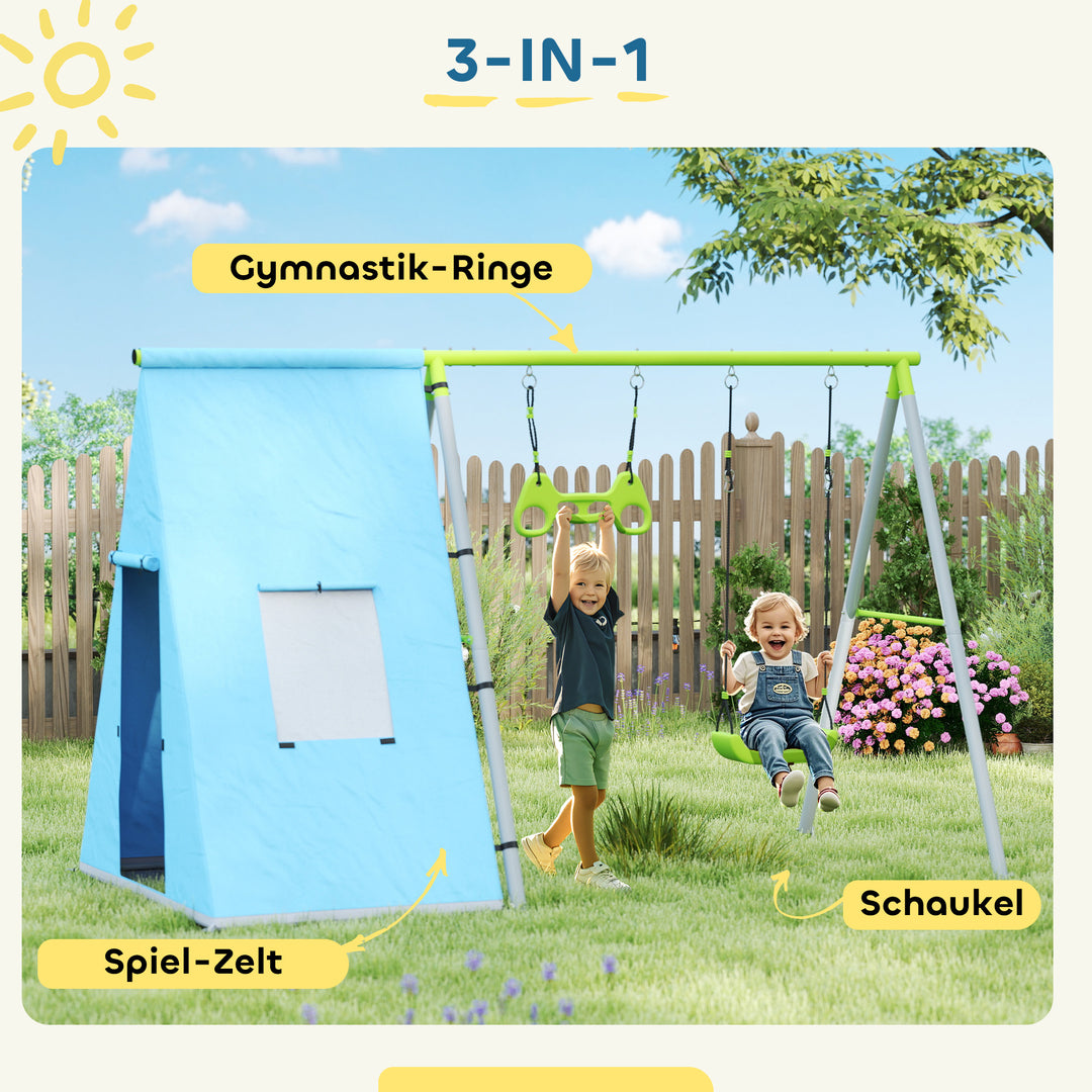 3-i-1 gyngesæt, legetelt, gynge, gymnastikringe, metal, plastik, grøn