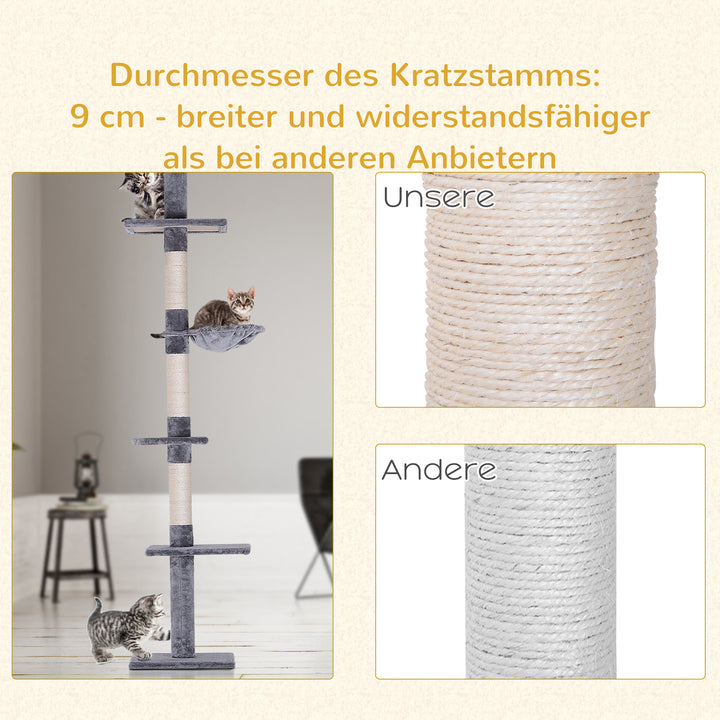 Lofthøjt, højdejusterbart kradsetræ, robust kradsetræ med sisalstolper, klatretræ til katte, gråt, 40 x 34 x 230-260 cm