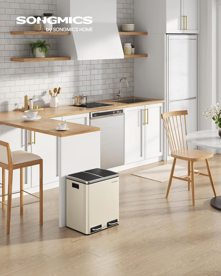 Affaldsspand, 2 x 15 l dobbelt spand til genbrug og affald, pedalsand, 15 poser inkluderet, indvendige spande, soft close til små familier, stål, sandbeige og blæksort