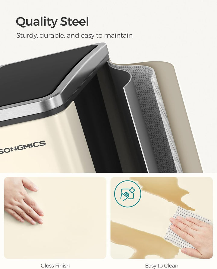 Affaldsspand, 2 x 15 l dobbelt spand til genbrug og affald, pedalsand, 15 poser inkluderet, indvendige spande, soft close til små familier, stål, sandbeige og blæksort