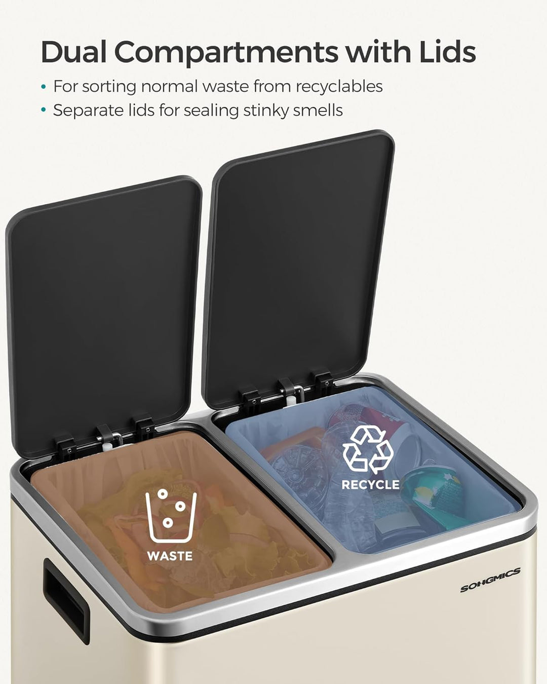 Affaldsspand, 2 x 15 l dobbelt spand til genbrug og affald, pedalsand, 15 poser inkluderet, indvendige spande, soft close til små familier, stål, sandbeige og blæksort